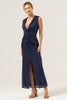 Load image into Gallery viewer, Sparkly Navy Sheath V-Neck Sequins Tea Length Prom Dress with Slit