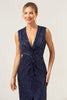 Load image into Gallery viewer, Sparkly Navy Sheath V-Neck Sequins Tea Length Prom Dress with Slit