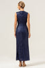 Load image into Gallery viewer, Navy V-neck Sheath Sequins Sleeveless Wedding Guest Dress