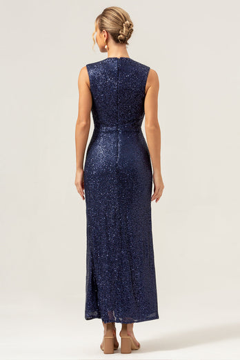 Navy V-neck Sheath Sequins Sleeveless Wedding Guest Dress