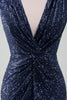 Load image into Gallery viewer, Navy V-neck Sheath Sequins Sleeveless Wedding Guest Dress