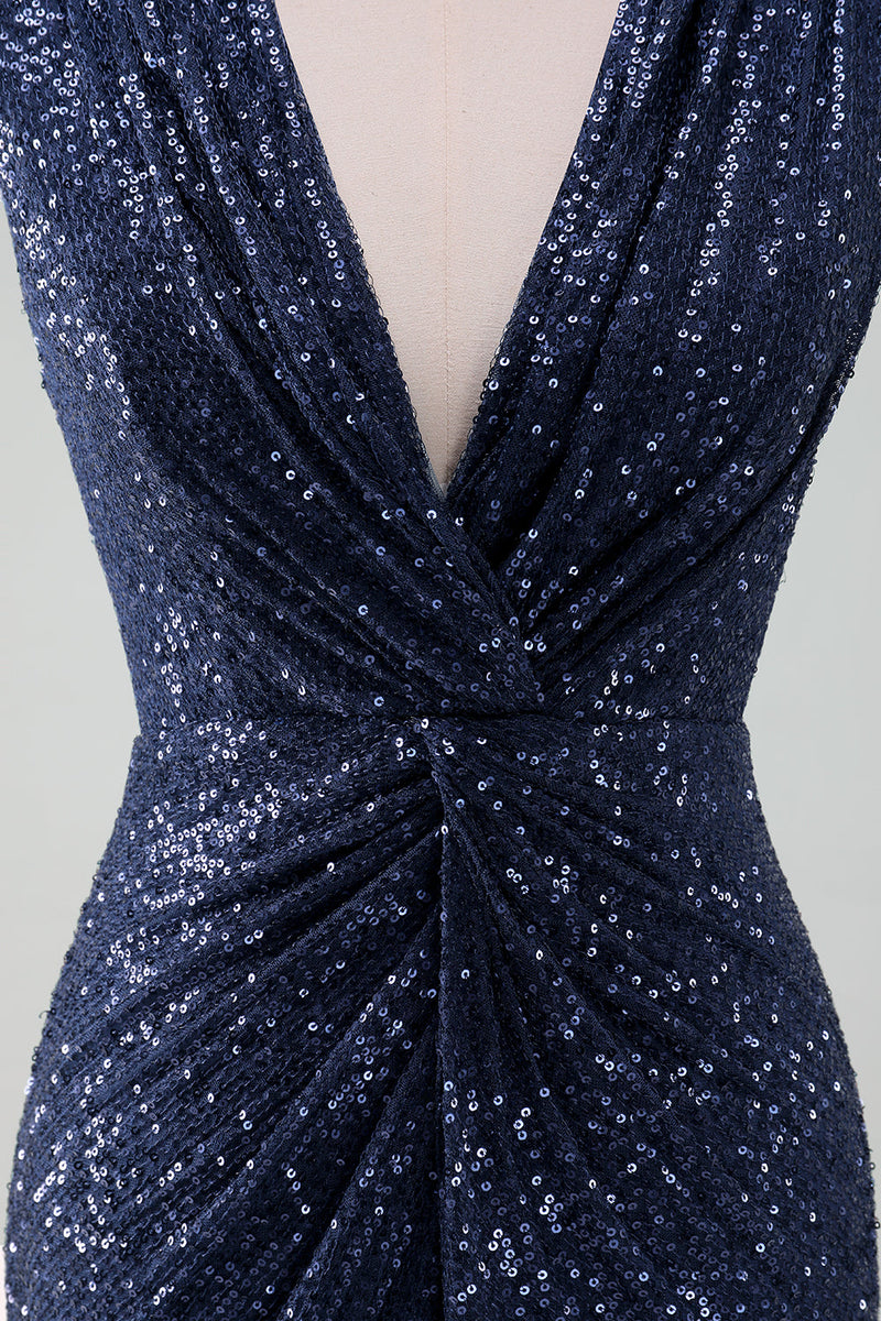 Load image into Gallery viewer, Navy V-neck Sheath Sequins Sleeveless Wedding Guest Dress