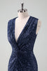 Load image into Gallery viewer, Navy V-neck Sheath Sequins Sleeveless Wedding Guest Dress