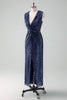 Load image into Gallery viewer, Navy V-neck Sheath Sequins Sleeveless Wedding Guest Dress