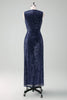 Load image into Gallery viewer, Navy V-neck Sheath Sequins Sleeveless Wedding Guest Dress