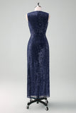 Sparkly Navy Sheath Sequins Ruched Choir Dress with Slit