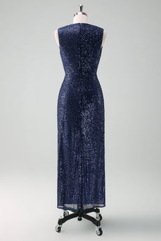 Navy V-neck Sheath Sequins Sleeveless Wedding Guest Dress