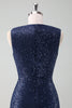 Load image into Gallery viewer, Navy V-neck Sheath Sequins Sleeveless Wedding Guest Dress