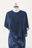 Navy Sheath Chiffon Round Neck Midi Choir Dress with Wrap