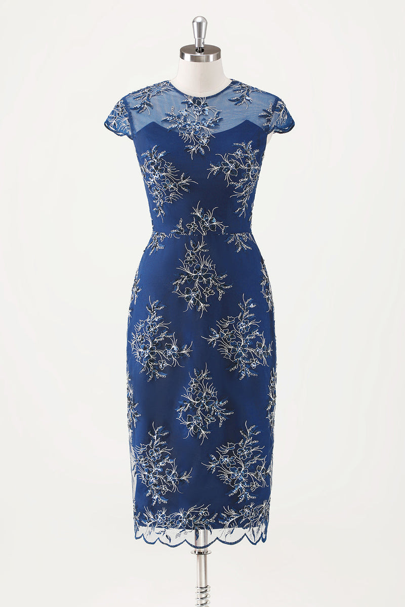 Load image into Gallery viewer, Navy Applique Sheath Tea Length Mother of the Bride Dress with Wrap