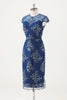 Load image into Gallery viewer, Navy Applique Sheath Tea Length Mother of the Bride Dress with Wrap