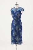 Navy Sheath Chiffon Round Neck Midi Choir Dress with Wrap