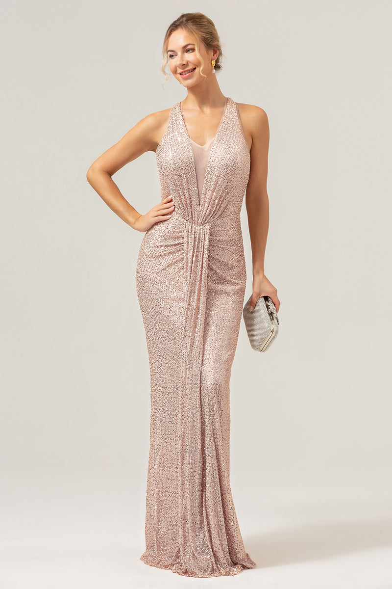 Load image into Gallery viewer, Glitter Blush Mermaid Halter Backless Long Prom Dress