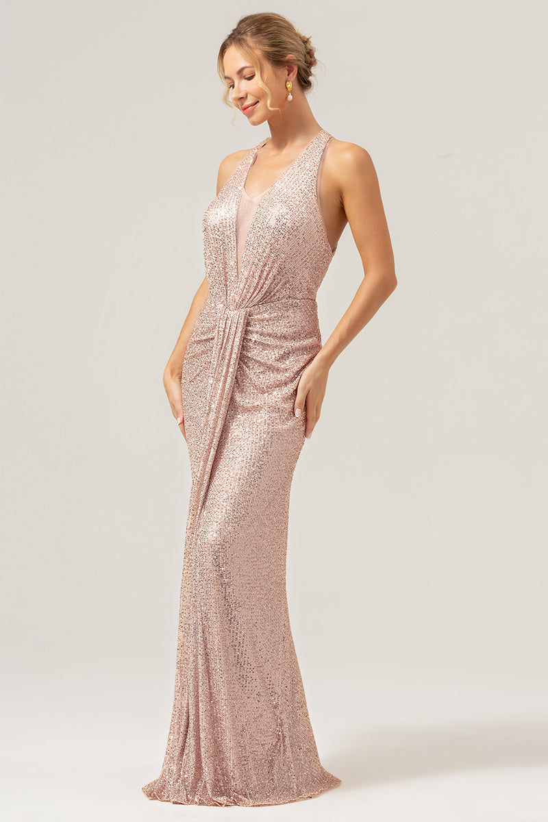 Load image into Gallery viewer, Glitter Blush Mermaid Halter Backless Long Prom Dress