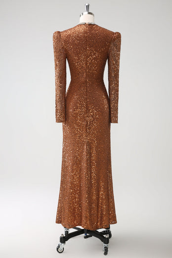 Sparkly Coffee Sheath V-Neck Sequins Long Prom Dress