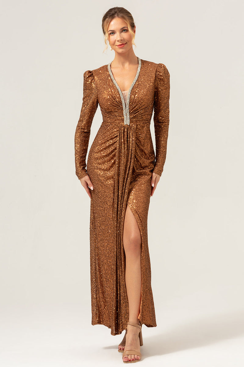 Load image into Gallery viewer, Sparkly Coffee Sheath V-Neck Sequins Long Prom Dress