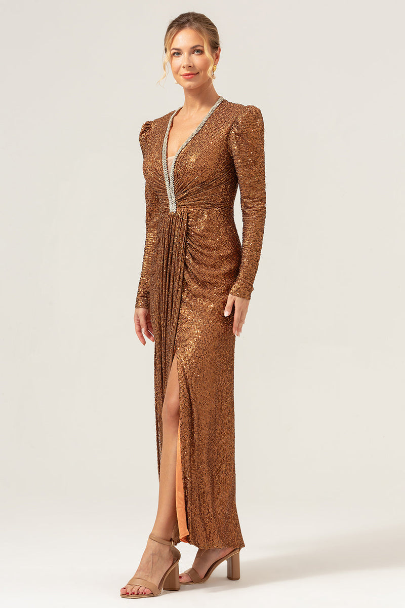 Load image into Gallery viewer, Sparkly Coffee Sheath V-Neck Sequins Long Prom Dress