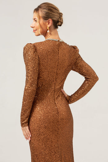 Sparkly Coffee Sheath V-Neck Sequins Long Prom Dress