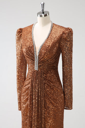 Sparkly Coffee V-Neck Sheath Sequins Long Prom Dress