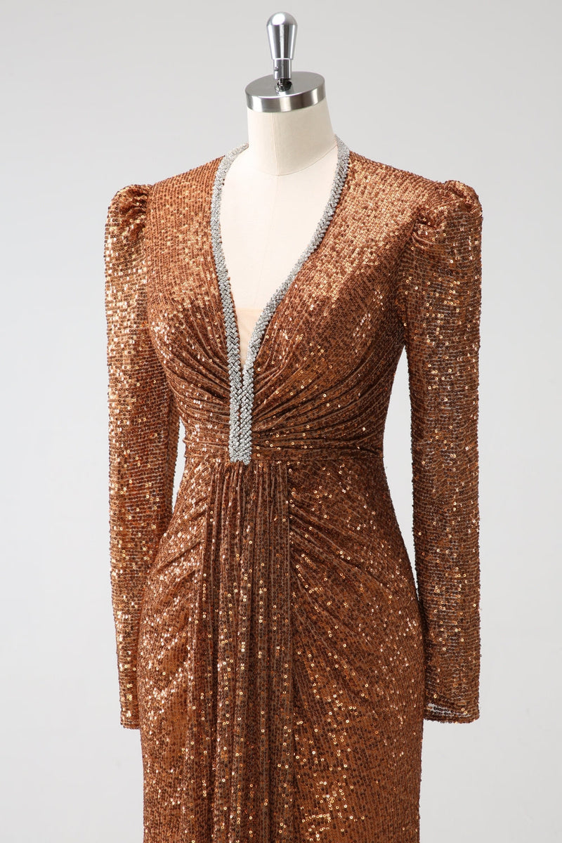 Load image into Gallery viewer, Sparkly Coffee V-Neck Sheath Sequins Long Prom Dress