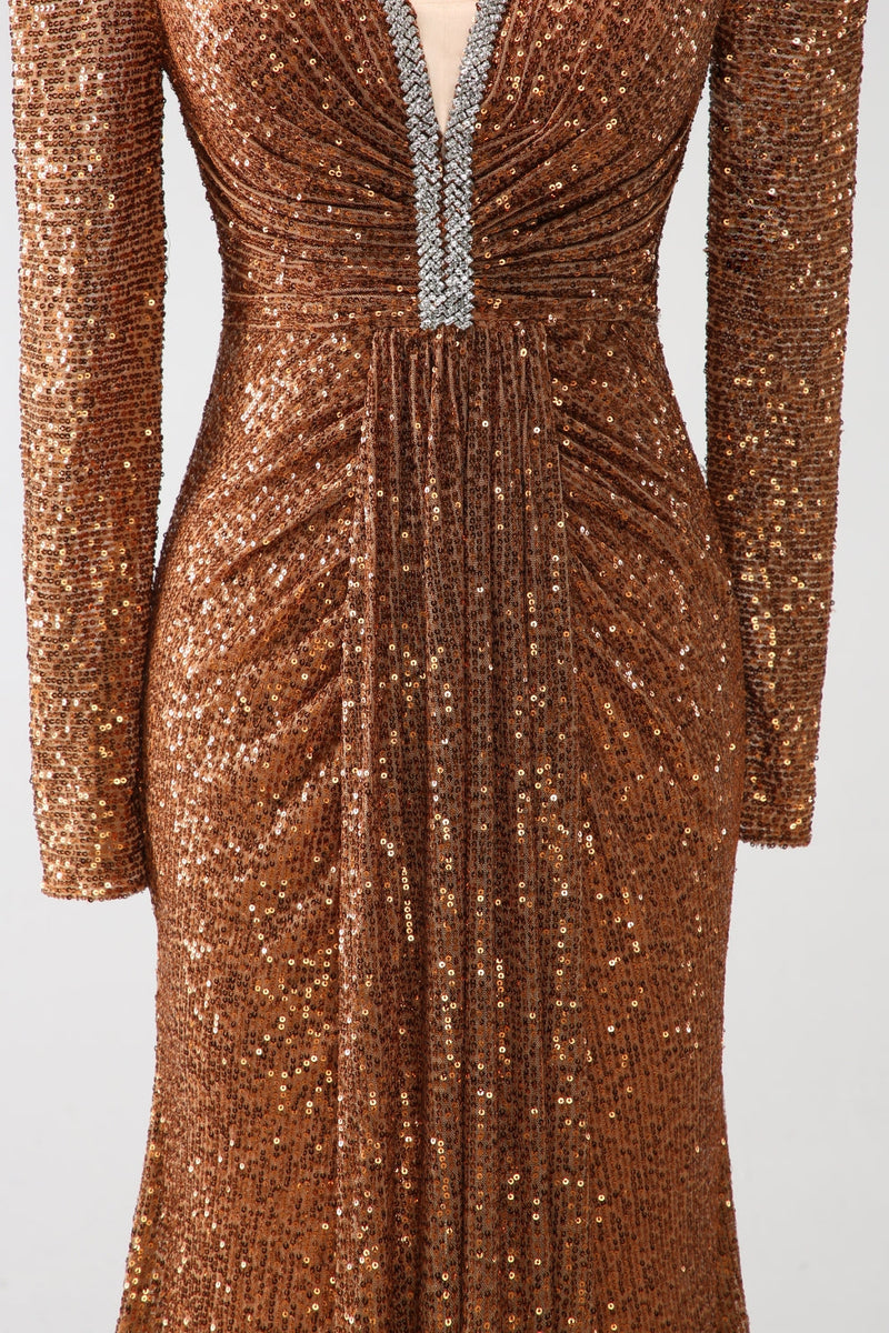 Load image into Gallery viewer, Sparkly Coffee V-Neck Sheath Sequins Long Prom Dress