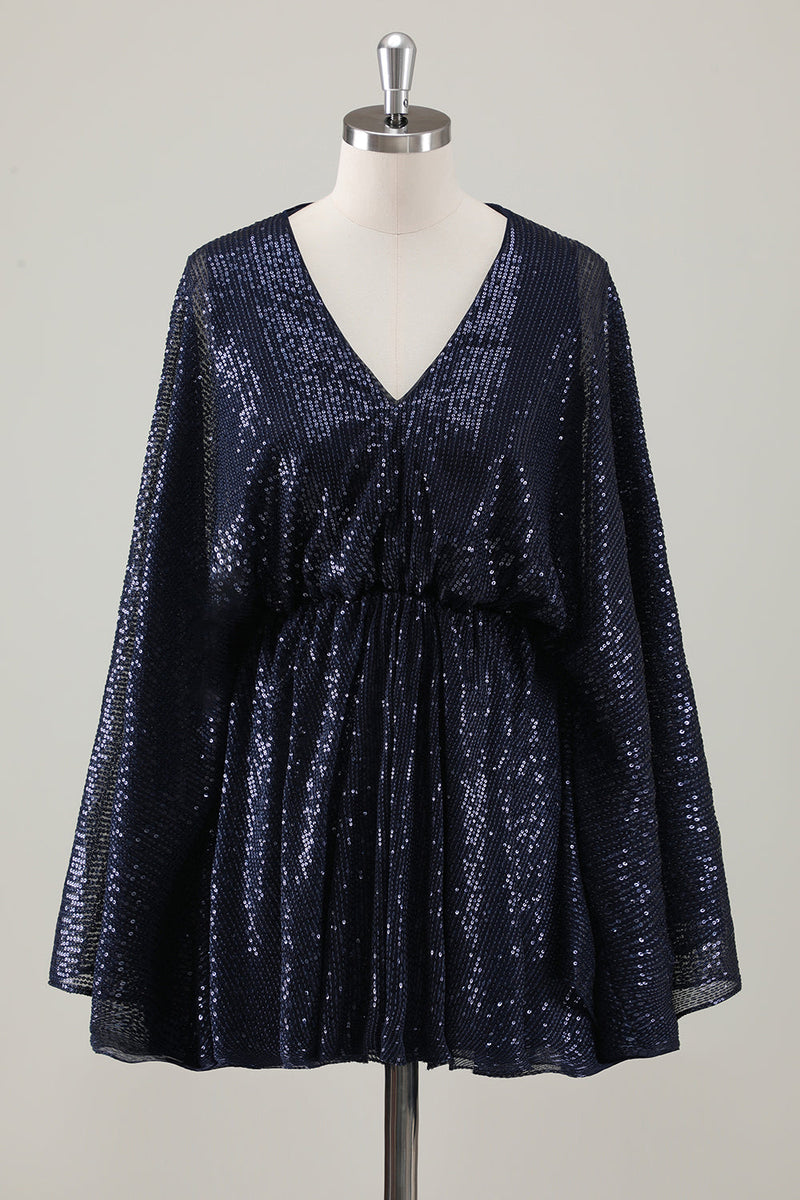 Load image into Gallery viewer, Sparkly Navy Short A-Line Holiday Party Dress with Long Sleeves