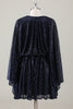 Load image into Gallery viewer, Sparkly Navy Short A-Line Holiday Party Dress with Long Sleeves