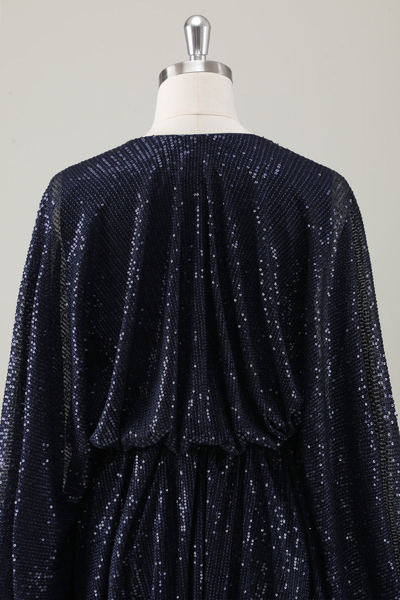 Load image into Gallery viewer, Sparkly Navy Short A-Line Holiday Party Dress with Long Sleeves