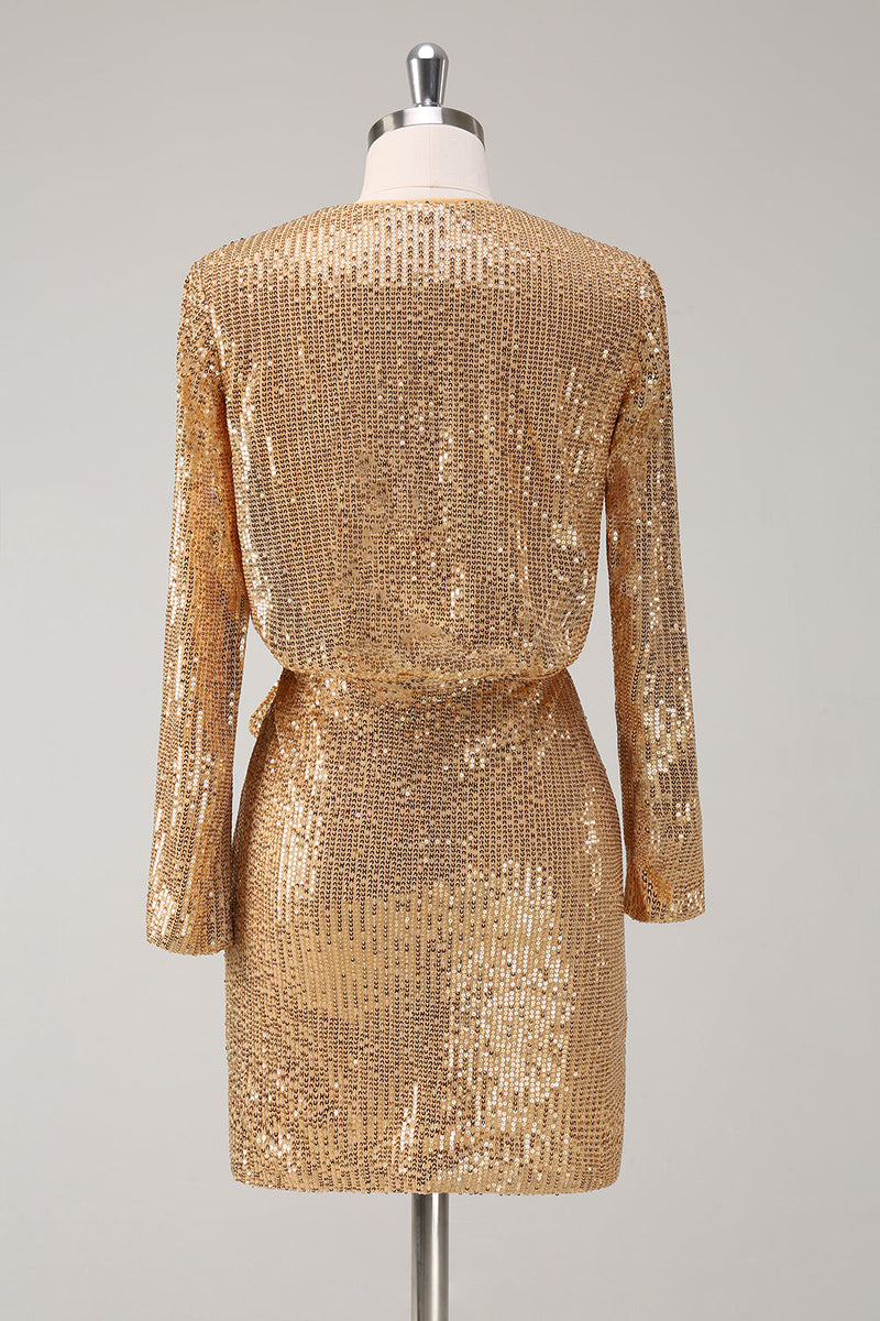 Load image into Gallery viewer, Golden Glitter V Neck Short Tight Party Dress