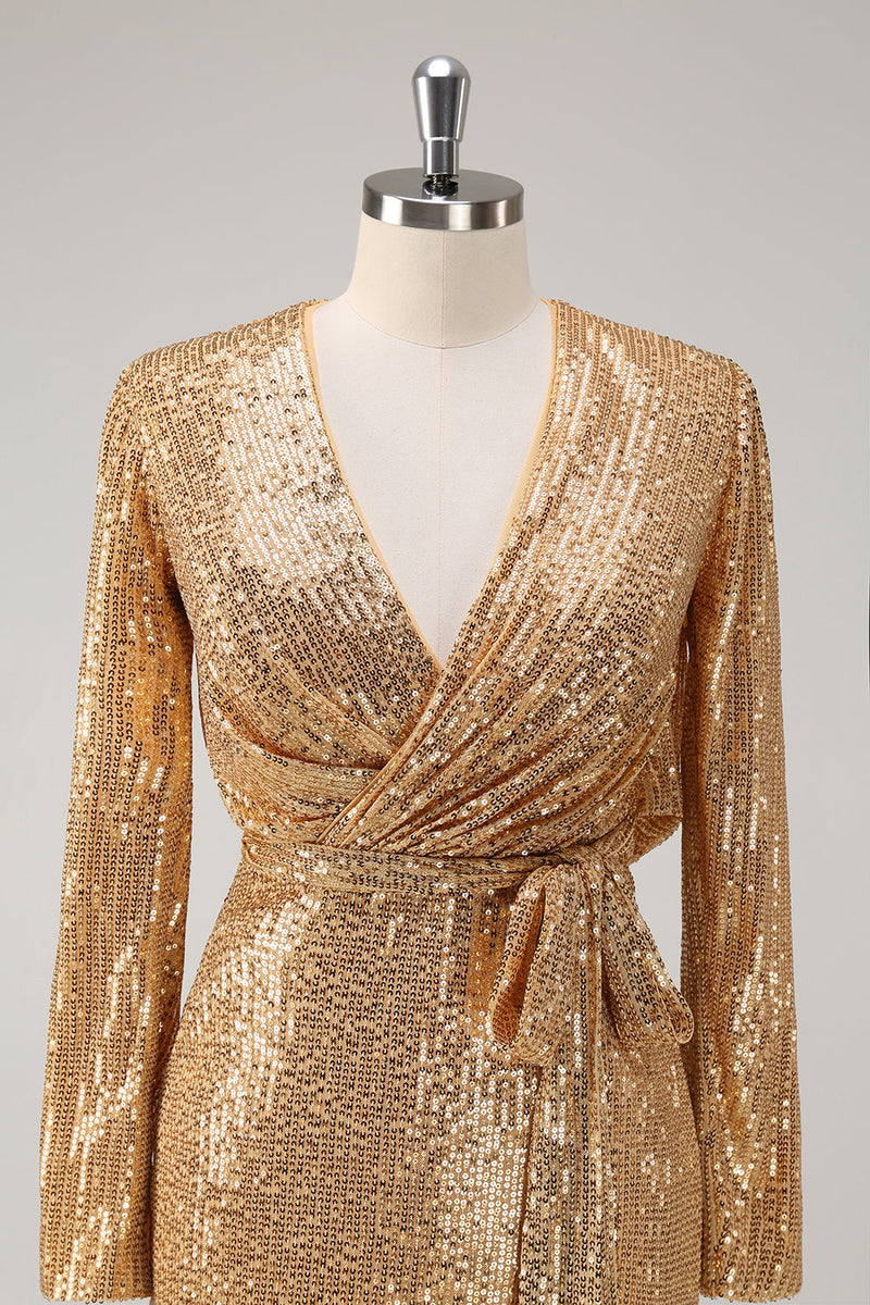 Load image into Gallery viewer, Golden Glitter V Neck Short Tight Party Dress