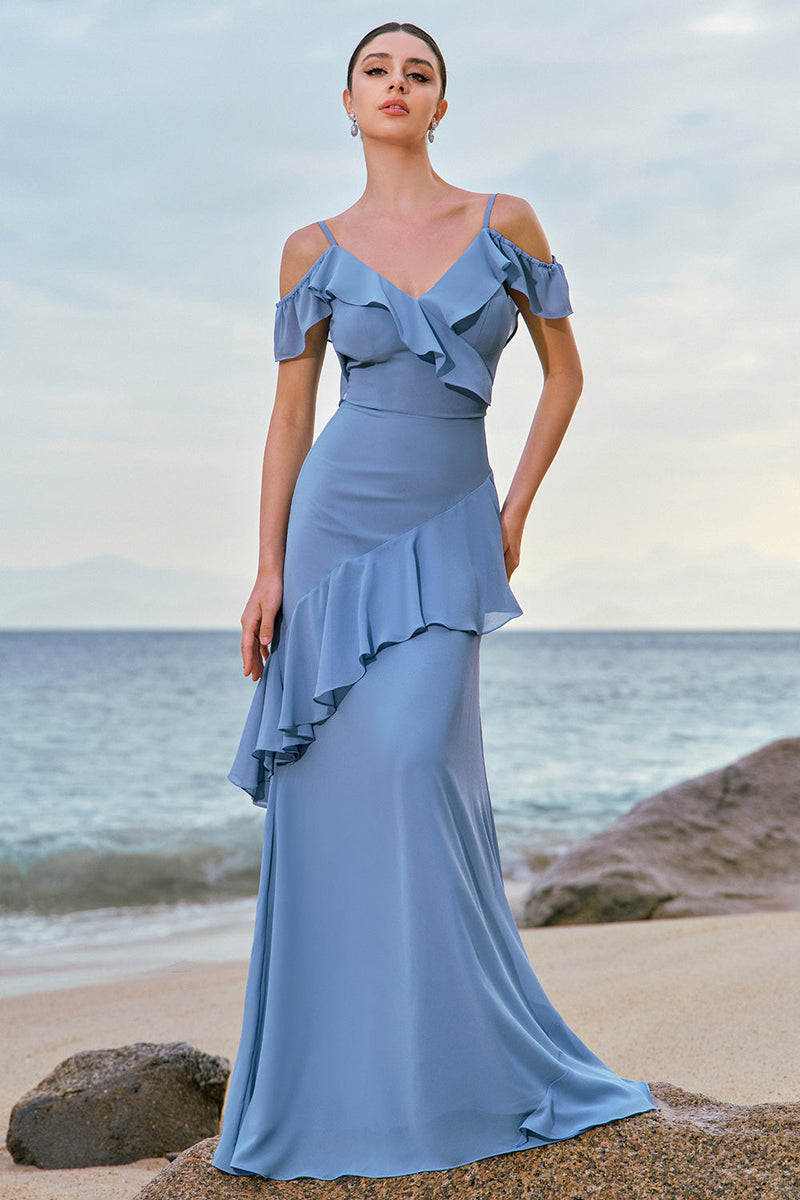 Load image into Gallery viewer, Blue Cold Shoulder Chiffon Bridesmaid Dress with Ruffles