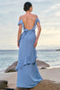 Load image into Gallery viewer, Blue Cold Shoulder Chiffon Bridesmaid Dress with Ruffles