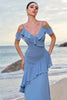 Load image into Gallery viewer, Blue Cold Shoulder Chiffon Bridesmaid Dress with Ruffles