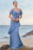 Load image into Gallery viewer, Blue Cold Shoulder Chiffon Bridesmaid Dress with Ruffles