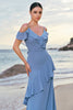 Load image into Gallery viewer, Blue Cold Shoulder Chiffon Bridesmaid Dress with Ruffles