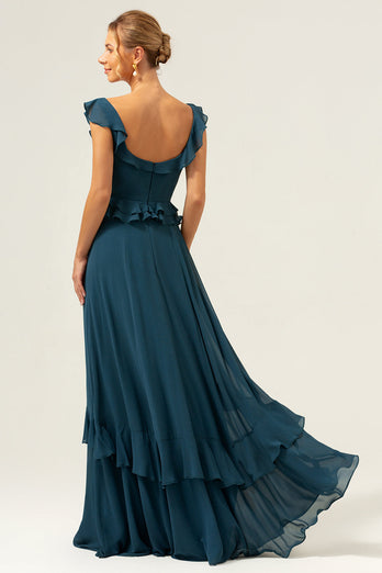 Dark Peacock Green Scoop Neck A-Line Chiffon Bridesmaid Dress