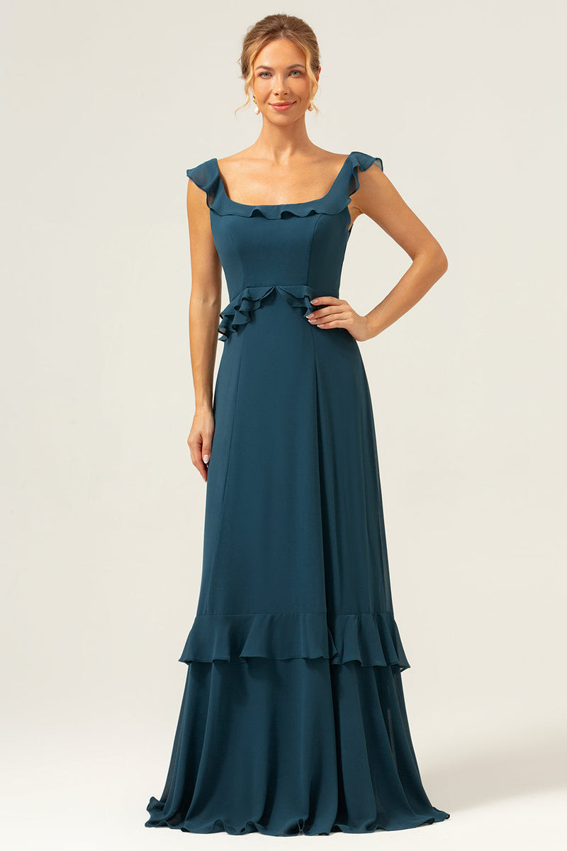 Load image into Gallery viewer, A-Line Dark Peacock Green Scoop Neck Chiffon Long Bridesmaid Dress