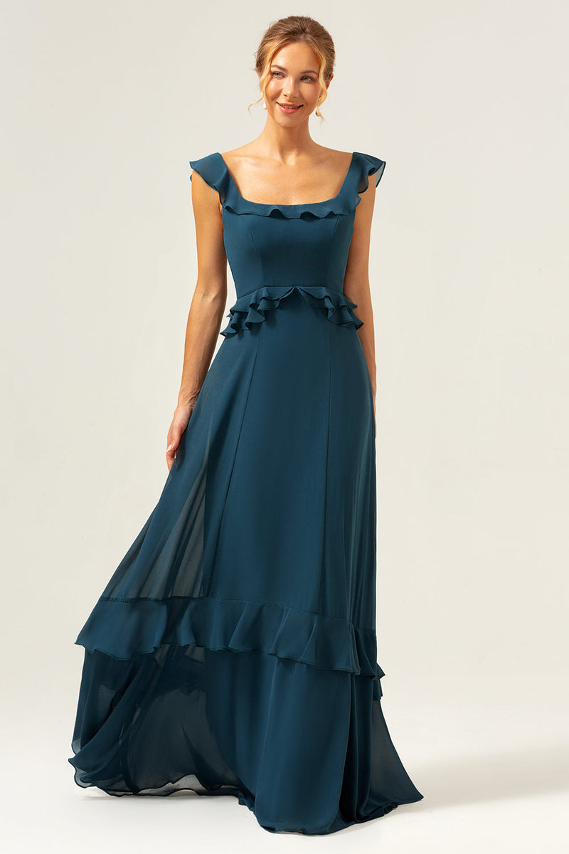 Load image into Gallery viewer, Dark Peacock Green Scoop Neck A-Line Chiffon Bridesmaid Dress