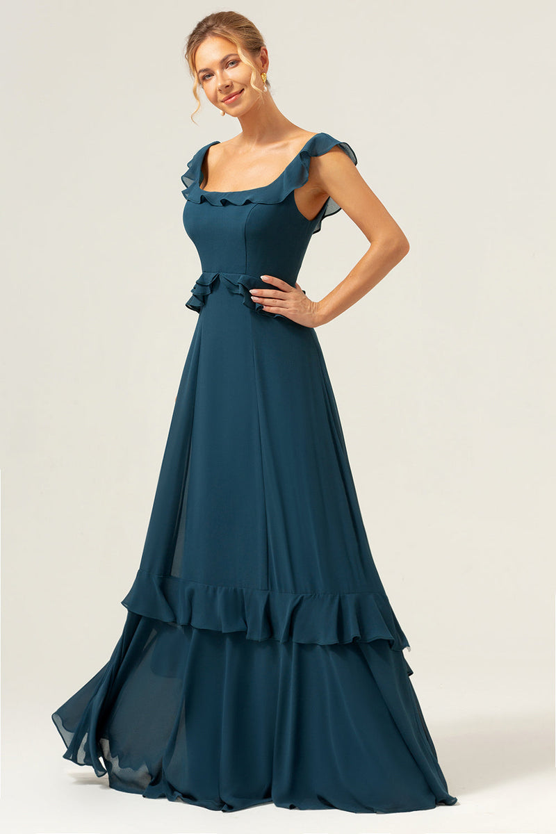 Load image into Gallery viewer, A-Line Dark Peacock Green Scoop Neck Chiffon Long Bridesmaid Dress