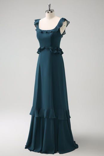 Dark Peacock Green Scoop Neck A-Line Chiffon Bridesmaid Dress