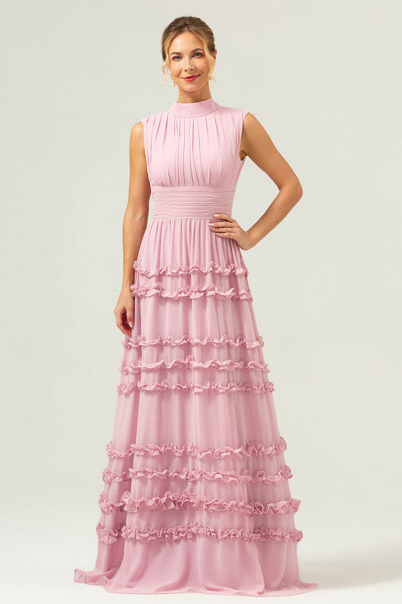 Load image into Gallery viewer, Blush A-Line Ruffled Chiffon Long Bridesmaid Dress with Open Back