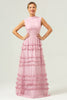 Load image into Gallery viewer, Blush A-Line Ruffled Chiffon Long Bridesmaid Dress with Open Back