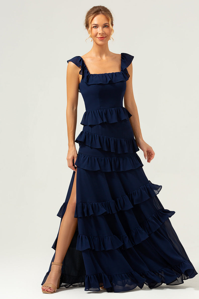 Load image into Gallery viewer, A-Line Square Neck Tiered Chiffon Long Dark Navy Bridesmaid Dress