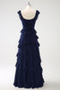 Load image into Gallery viewer, Dark Navy A-Line Tiered Chiffon Long Bridesmaid Dress