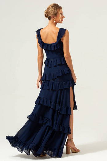 A-Line Square Neck Tiered Chiffon Long Dark Navy Bridesmaid Dress