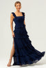 Load image into Gallery viewer, A-Line Square Neck Tiered Chiffon Long Dark Navy Bridesmaid Dress