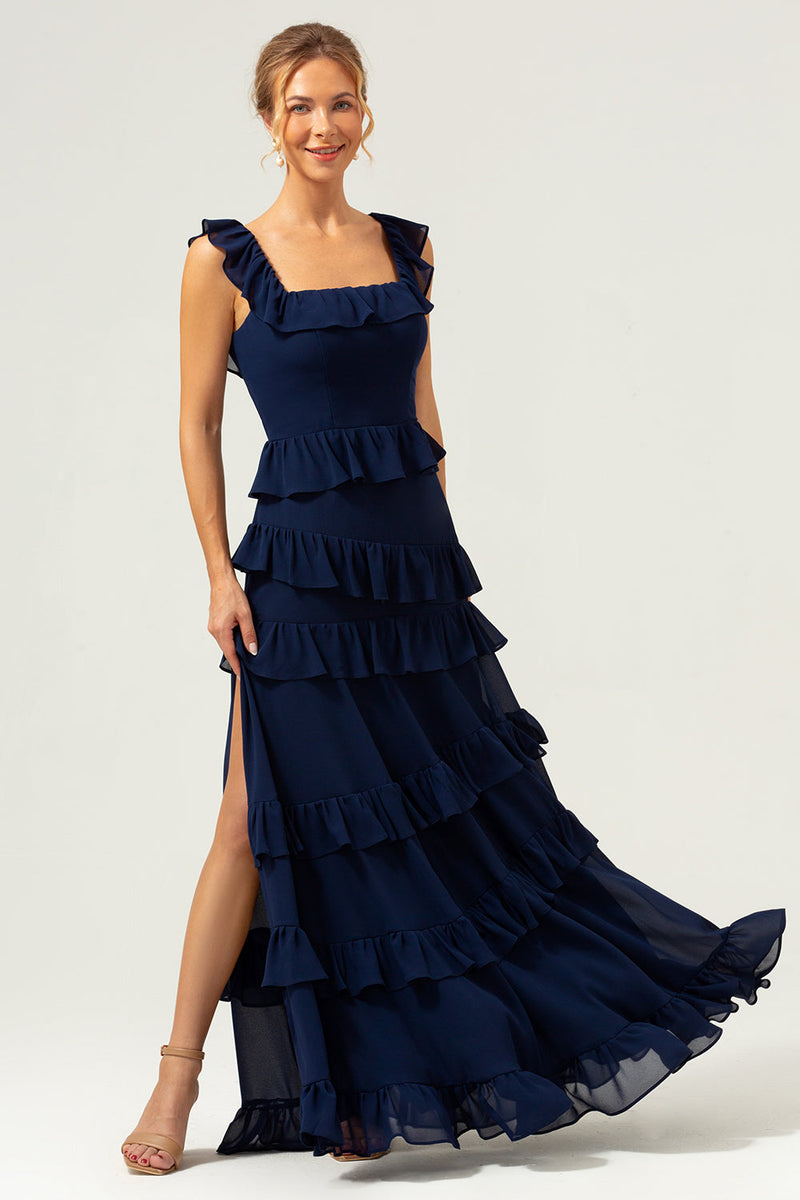 Load image into Gallery viewer, A-Line Square Neck Tiered Chiffon Long Dark Navy Bridesmaid Dress