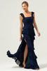 Load image into Gallery viewer, A-Line Square Neck Tiered Chiffon Long Dark Navy Bridesmaid Dress