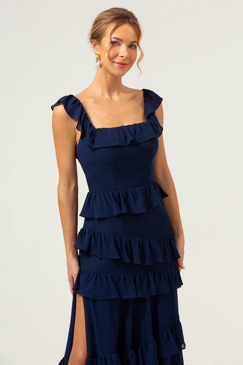 Load image into Gallery viewer, A-Line Square Neck Tiered Chiffon Long Dark Navy Bridesmaid Dress