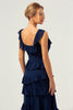 Load image into Gallery viewer, A-Line Square Neck Tiered Chiffon Long Dark Navy Bridesmaid Dress